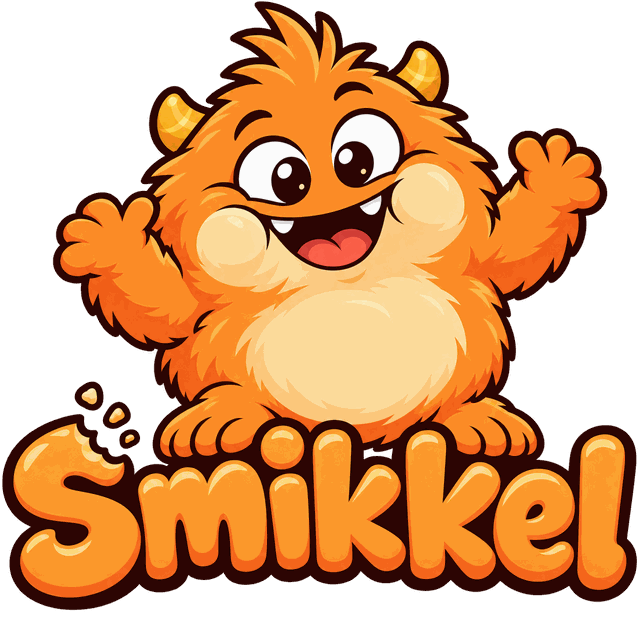 Smikkel: een vrolijk oranje monstertje boven de naam Smikkel.